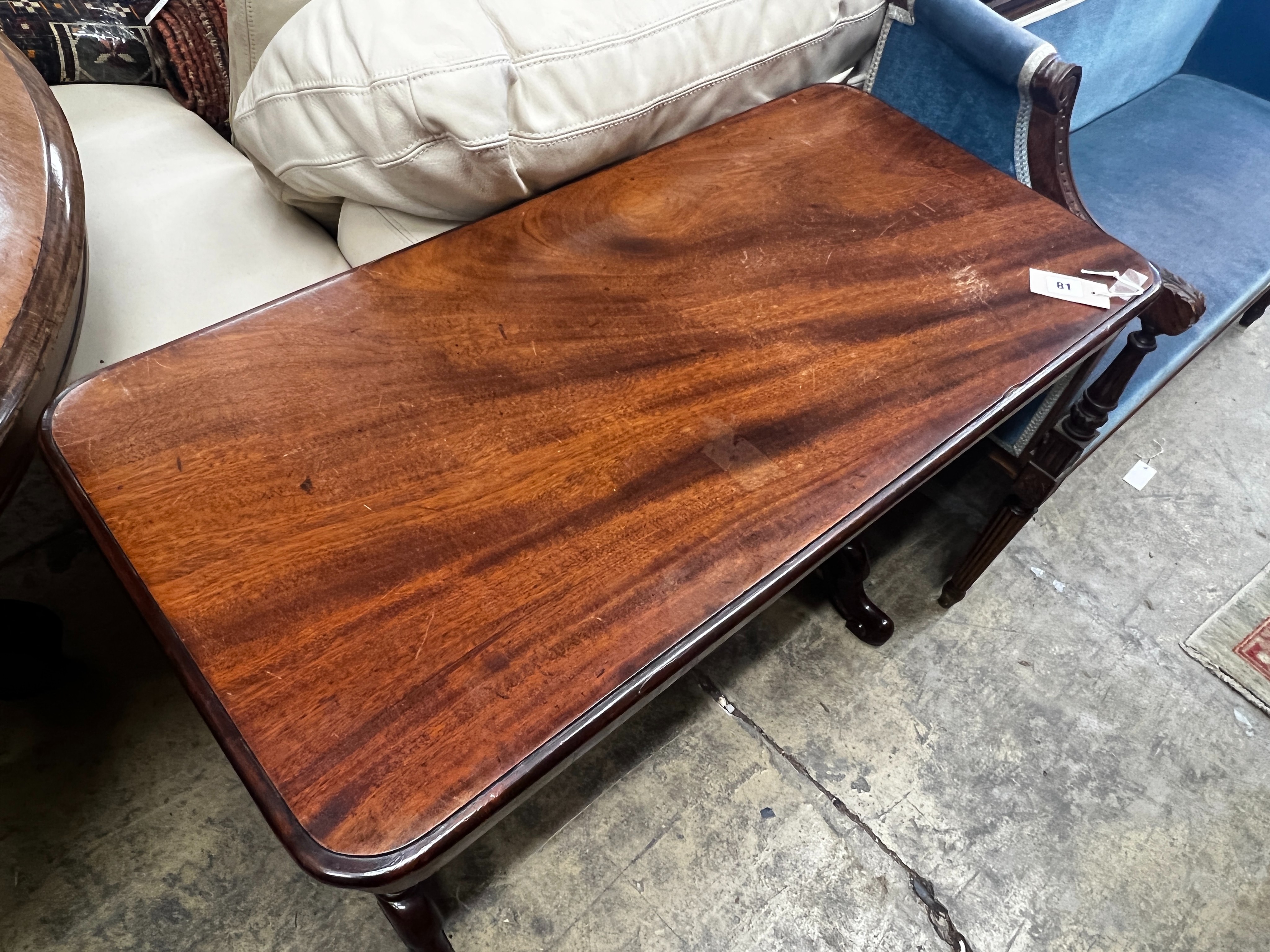 A Victorian rectangular mahogany stretcher table, width 90cm, depth 44cm, height 70cm